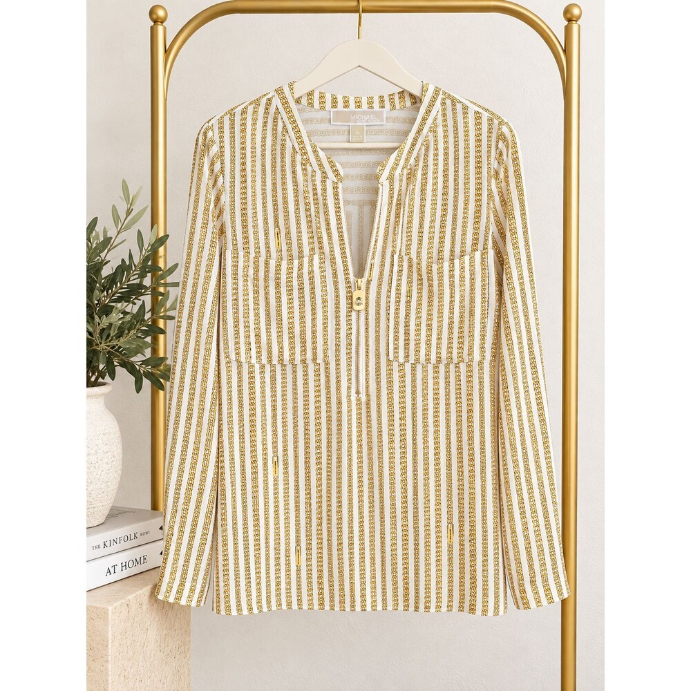 Michael Kors Womens M NWT Gold Chain Print Blouse Zip Front Pocket Long Sleeve